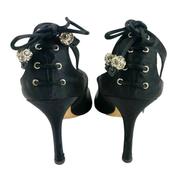 Giuseppe Zanotti Black Satin Dress Heels Lace Up Heel Rhinestone Ball Accent 37 - Picture 4 of 12